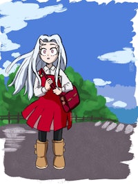 a girl in a red dress with long white hair